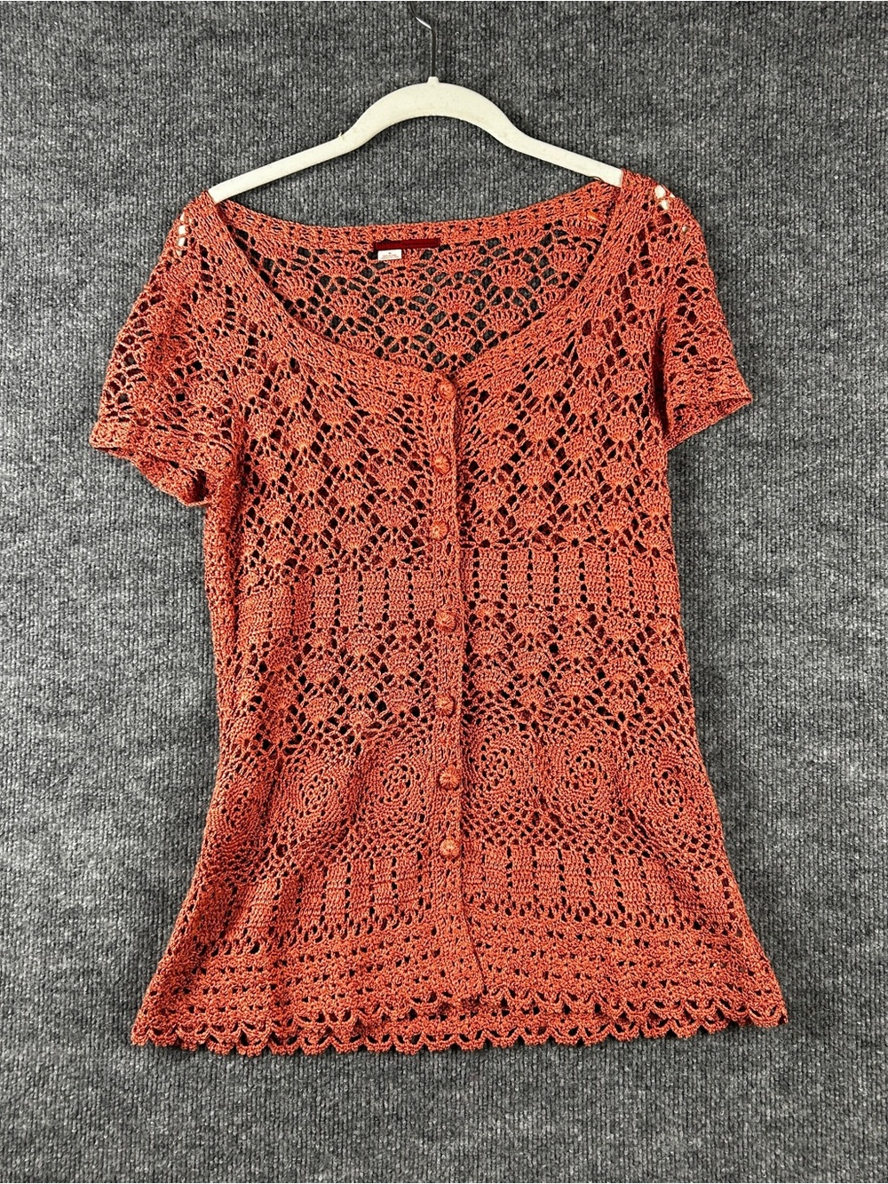 Tapemeasure Terracotta Rust Orange Silk Blend Crochet Button Front Top Size M